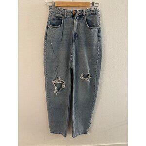 &Denim High-Waisted Baggy Distressed Jeans Sz 4  Light Wash Cotton Blend
